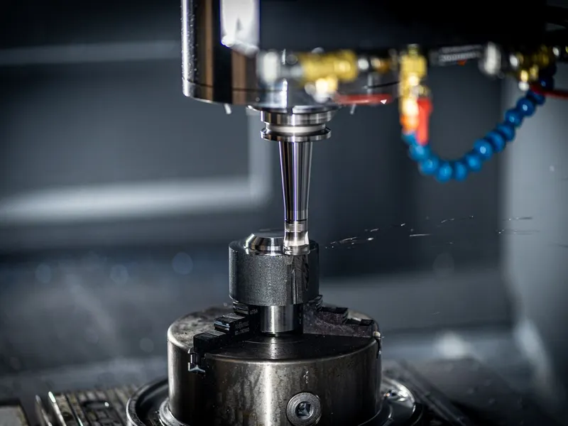 Close view of a precision machining tool and metal workpiece.
